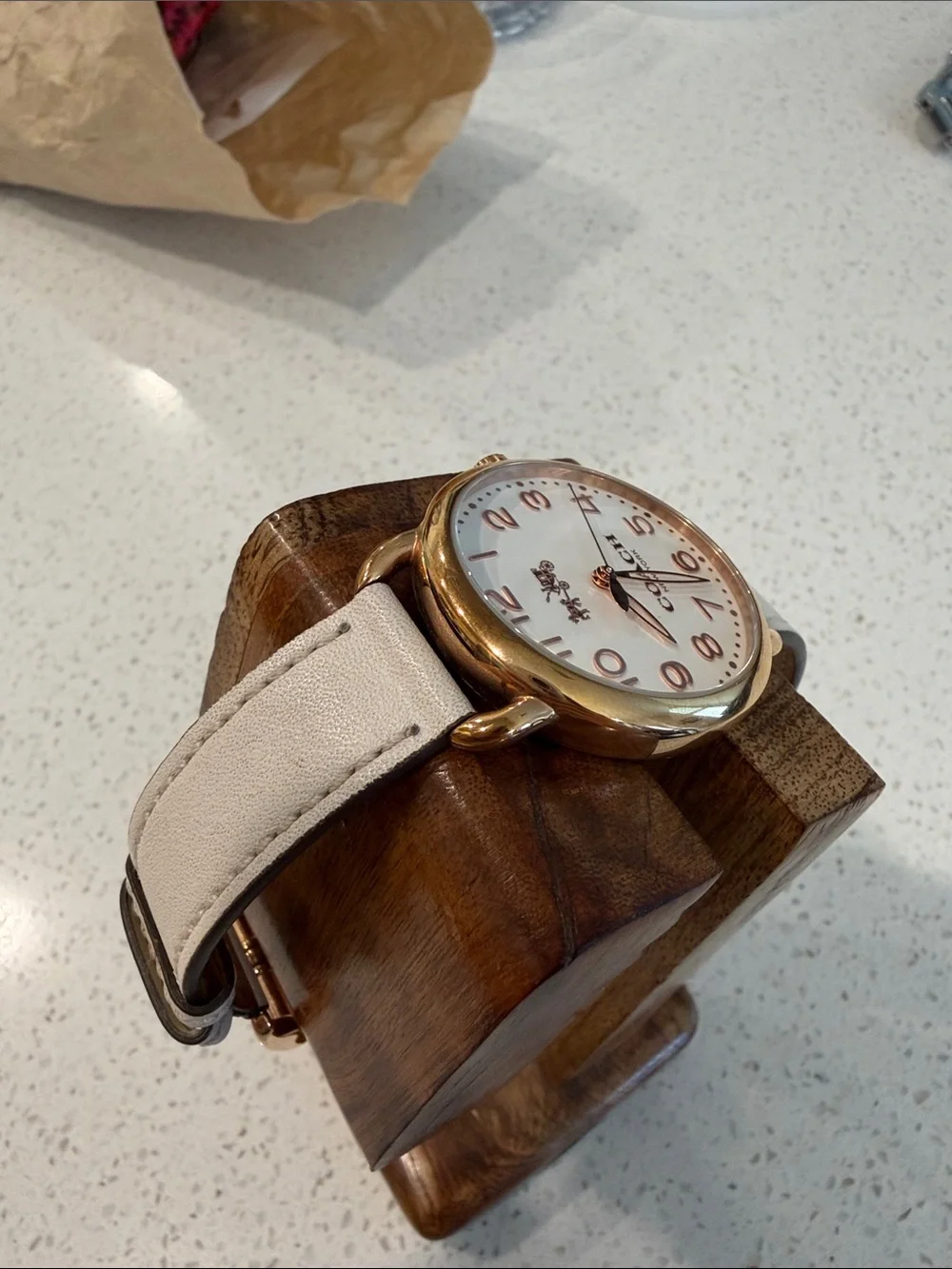 Coach Leather Strap Watch in Cream and Rose Gold-Tone